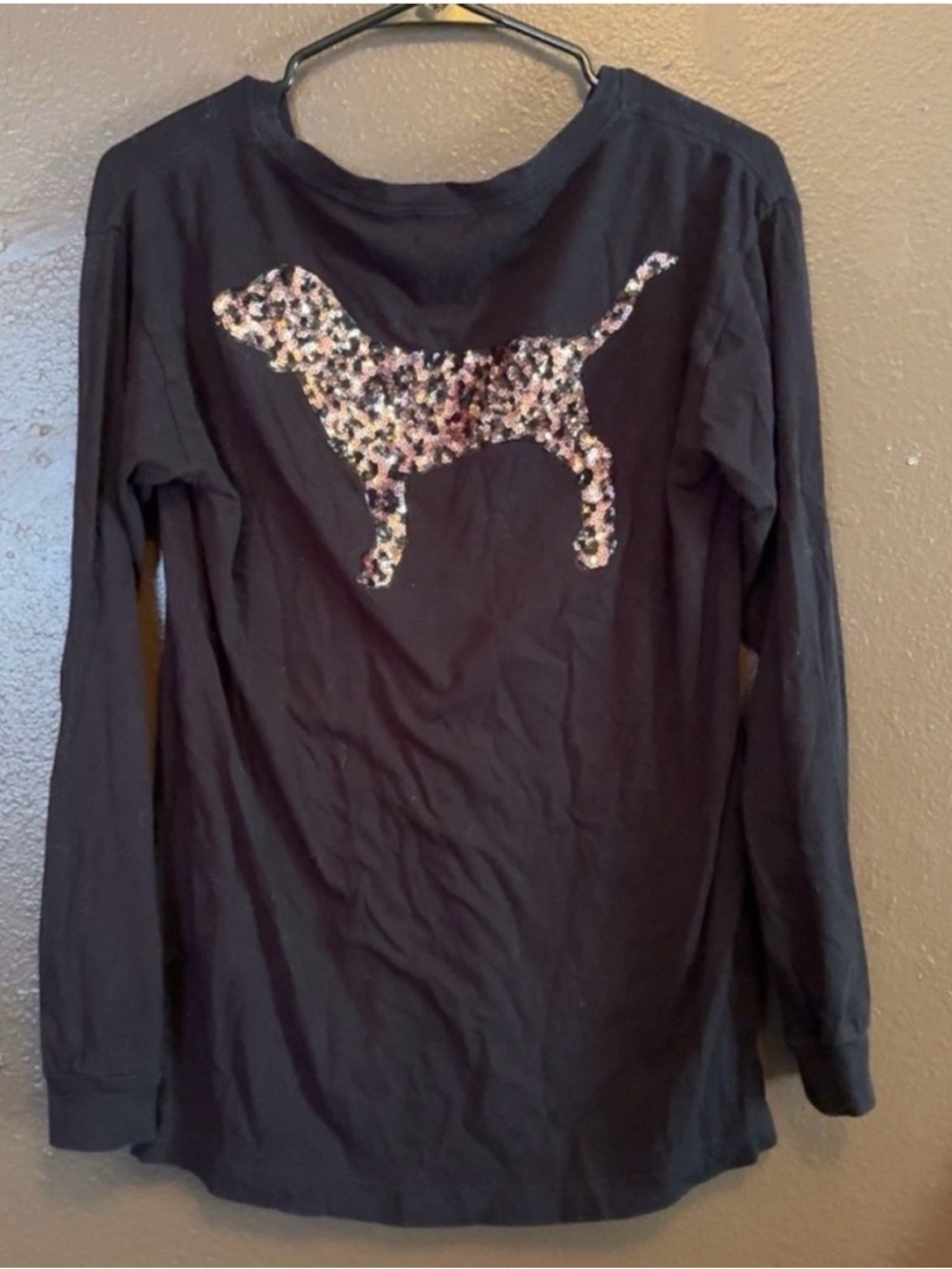 Woman’s PINK Black Long-Sleeve Top with Sequin Dog Graphic